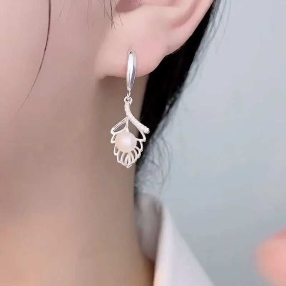 2/$20 Pearl Leaf Drop Earrings Silver Tone CZ Dangle Kidney Wire Bridal Classic